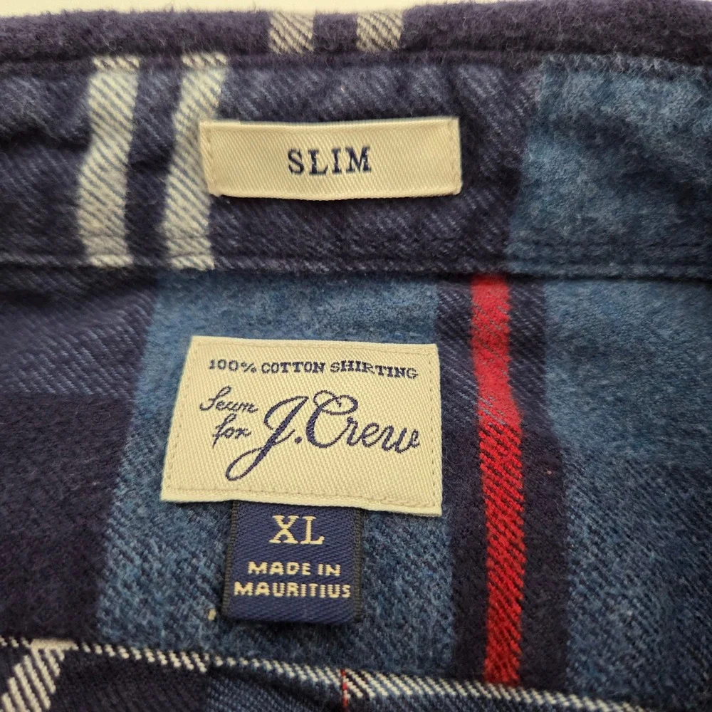 J. Crew Flannel Shirt Blue Plaid Elbow Patches Slim Fit Mens XL